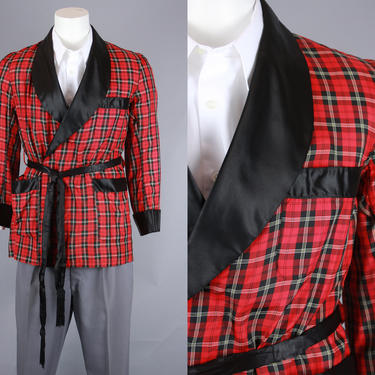 1950s Plaid SMOKING JACKET | Vintage 50s 60s Men's Red & Black Tie Waist Short Robe | medium 