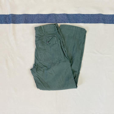 Size 29x28 1/2 Vintage 1970s US Army OG-107 Green Cotton Baker Fatigue Pants 