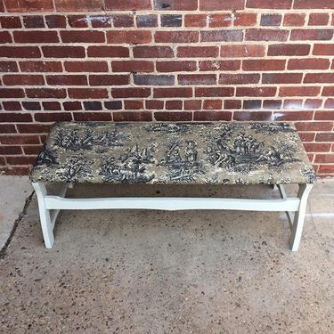 Simple painted bench recovered in cotton toile print fabric