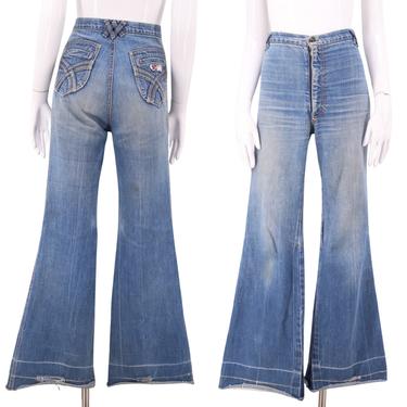70s BALL denim high waisted bell bottom jeans sz 30 / vintage 1970s well worn trousers bells flares pants 