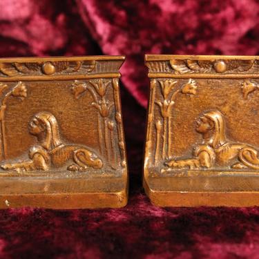Solid Bronze Egyptian Revival Sphinx Bookends, Pair 