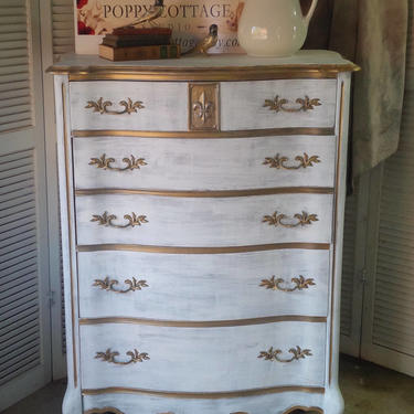 Dresser French Provincial Tallboy Serpentine Wood Vintage  S h a b b y French Style Poppy Cottage Custom Painted Furniture 
