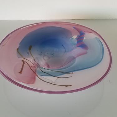 1980s Vintage Italian Pink & Blue Swirl Art Murano Glass Centerpiece Bowl. 
