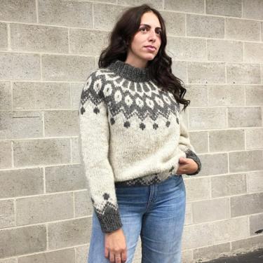 Vintage Sweater Retro 1990s Fair Isle Pattern + Hand Knit + Pure Wool + Kelly + Pullover + Crew Neck + Dark and Light Grey + Unisex Apparel 