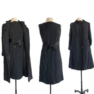 Vintage 60s black matelassé dress & coat set by Adolphe Zelinka 
