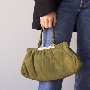 1960s Olive Suede Top Handle Bag with Gold Clasp 