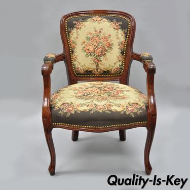 Vintage French Louis XV Provincial Style Arm Chair Floral Tapestry Fabric