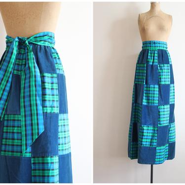 1970s patchwork maxi skirt - '70s velvet &amp; taffeta patchwork skirt / M. Hank skirt - plaid taffeta skirt / hostess skirt - Christmas skirt 