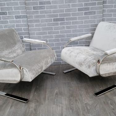 Mid Century Modern Dansen Polished Nickel Cantilever Lounge Chairs Newly Upholstered - Pair