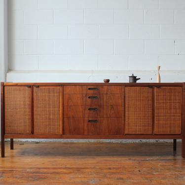 Restored Founders Furniture Walnut Credenza with Cane Doors and Black Leather Tabs 