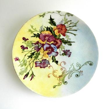 Antique hand painted plate pansy and scroll art nouveau Edwardian viola floral serving cake flowers and leaves ombre glaze dated Dec 1903 