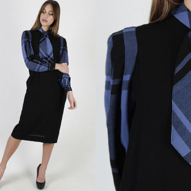 Black Blue Plaid Dress / Bow Tie Collar Shift Dress / Tartan Checker Print Dress With Pockets / Long Puff Sleeve Knee Length Dress 
