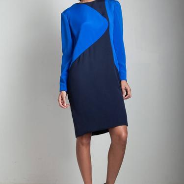 vintage 80s color block dress geometric blue navy slinky long sleeves SMALL MEDIUM S M 
