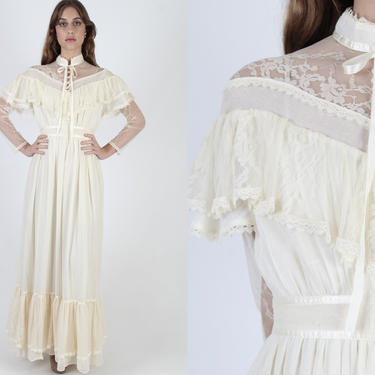Gunne Sax Dress / Plain Victorian Style / Vintage 70s Womens Prairie Wedding Gown / Sheer Floral Lace Ivory Renaissance Country Maxi Dress 
