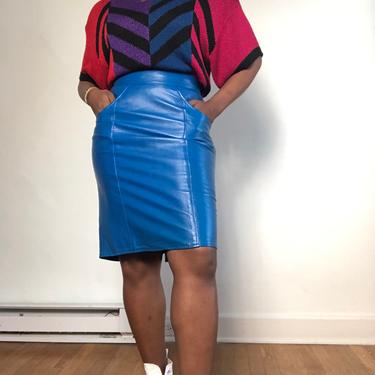 Vintage 1980s 1990s 90s High Waist Soft Leather Midi Skirt Fitted Pencil Designer Blue Color Block Pockets Small Medium Size 6 