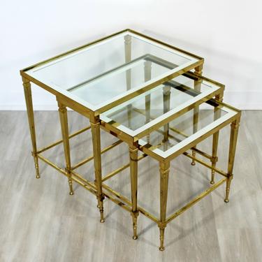 Mid Century Modern French Set 3 Nesting Stacked Side Tables Brass & Glass 1950s 