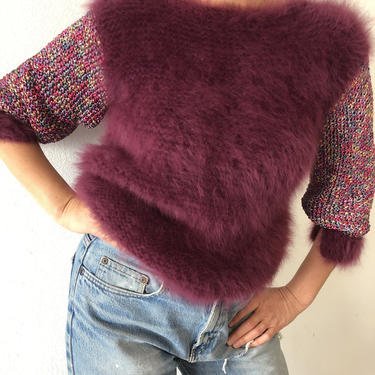 Vintage Burgundy Angora Sweater Embroidered Knit Pullover 