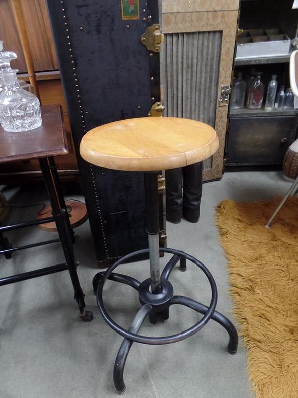 Vintage industrial barstool with wooden seat