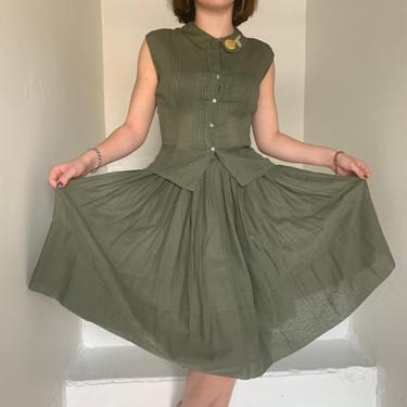 Sweet Unusual Color 1950s Skirt and Top Set Army Green 32 Bust Small Vintage 