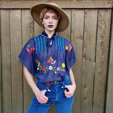 1970s Embroidered Tunic Blue Peasant Blouse Flutter Sleeves / 70 Short Sleeved Top Colorful Flower Butterfly Embroidery / One Size / Andie 