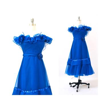 Vintage 70s 80s Prom Dress with ruffles Size XXS XS Small Blue// Vintage Blue Party Dress Size XS 70s 80s blue Ruffle Princess pageant dress 