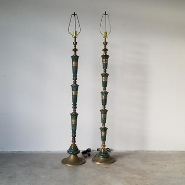 Pair of Vintage Green Marble and Brass Floor Lamps 