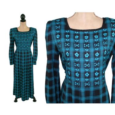 90s Plaid Long Sleeve Maxi Rayon Dress Medium, Square Neck Embroidered Prairie Boho, 1990s Clothes Women, Vintage Clothing Sarah Elizabeth 
