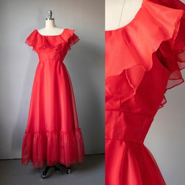 1970s Maxi Dress Lorrie Deb Red Chiffon S 