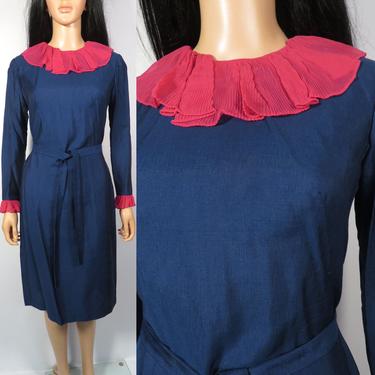Vintage 50s/60s Polished Linen Deep Blue With Magenta Micro Pleated Chiffon Collar And Cuffs Party Dress Holiday Dress Size S 