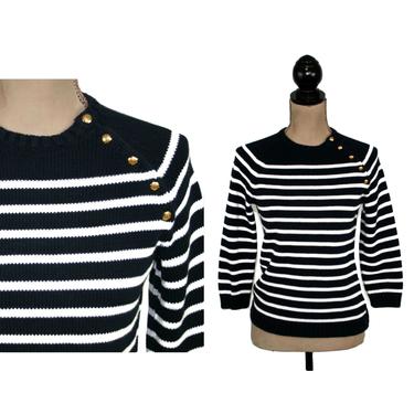 Navy and White Striped Cotton Sweater Small, Women Knit Pullover Top with Shoulder Buttons, 90s Y2K Vintage from Chaps 