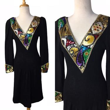 Vintage 80s Pat Sandler Black Knit Dress with Plunging Sequin and Beaded V-Neck 
