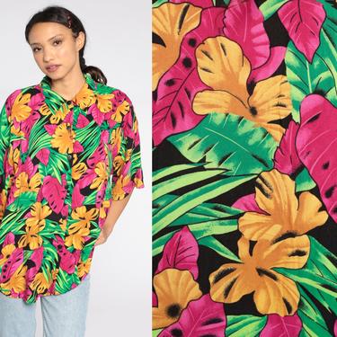 Tropical Jungle Blouse 80s Button Up Short Sleeve Top 1980s Vintage Shirt Bright Pink Yellow Green 90s Extra Large xl 