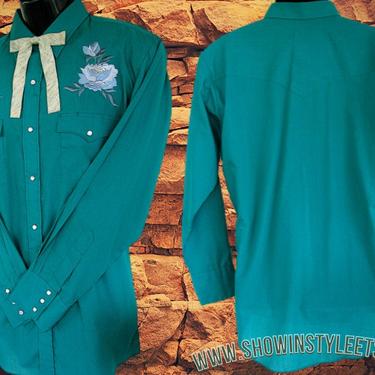 Vintage Western Men's Cowboy and Rodeo Shirt by Karman, Embroidered Blue Roses, Tag Size is 15.5-34, Approx. Large (see meas. photo) 