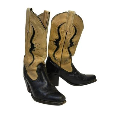 1970s Vintage FRYE Womens Western Boots, Leather & Lizard Black Tan Cowgirl Riding Boots, Rodeo, Country, Ranch Hand, Vintage Clothing 