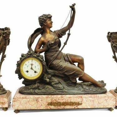 Antique Mantel Clock, French Figural Marble Mantel Clock & Garnitures, Gorgeous!