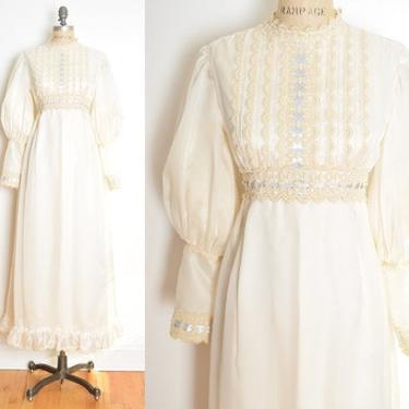 vintage 60s wedding dress cream organza empire waist hippie boho cottagecore XS crochet juliet clothing 