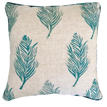 Feather Print Pillow in Peacock Blue|Oat