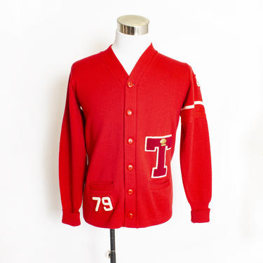 Vintage 1970s Varsity Sweater Red Wool Knit Letterman Cardigan Wolf Medium 