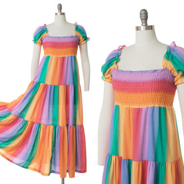 Vintage 1970s 1980s Dress | 70s 80s Rainbow Striped On Off Shoulder Full Skirt Flowy Trapeze Maxi Dress (small/medium) 