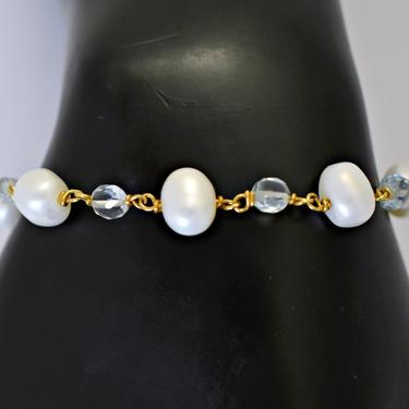 60's aqua pearls &amp; 14k gold filled metal princess bride bracelet, elegant potato pearls blue gemstones GF links and dangles wedding bracelet 