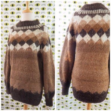 Diamond Pattern Alpaca Long Fiber Wool Sweater, Vintage 70s Sweater, Large Sweater 