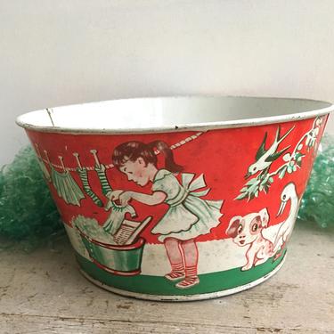 Vintage Toy Laundry Pail By Wolverine, Red Tin With Girl Doing Laundry, Laundry Room Decor 