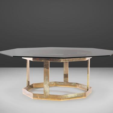 Patinaed Brass Octagonal Coffee Table with an Octagonal Glass Top After Milo Baughman, c. 1970s 