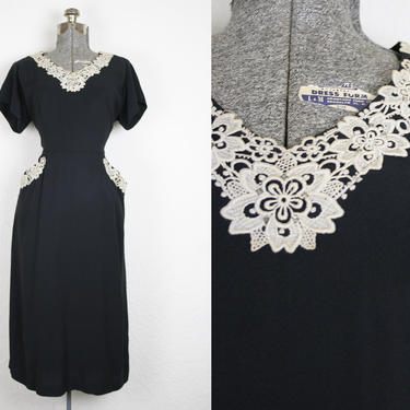 1940's Black Rayon Crepe Cocktail Dress with White Lace / Size Large 