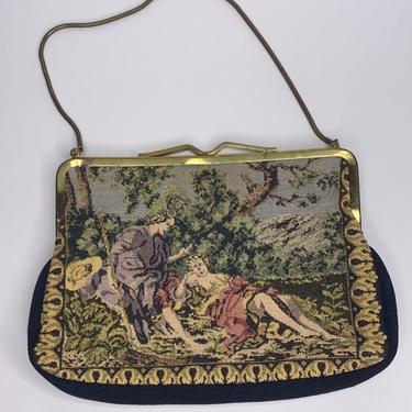 Tapestry needlepoint vintage purse with chain, 1960's 