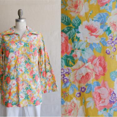Vintage 70s Floral Cotton Tunic Top/ 1970s Bell Sleeve Blouse/ Size Medium 