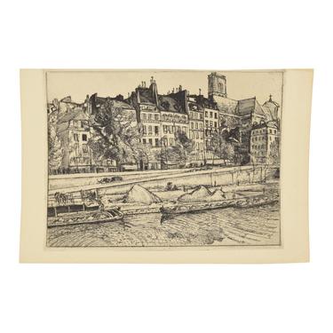 French Beaux Arts Etching River Barges Tied to Quays at St. Gervais, Paris 