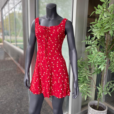 ANN TAYLOR PETITES Vintage 1990s Red Floral Print Corset Style Lace-Up Front Sleeveless Mini Dress - Size 6P Petite - 90s Romantic Flower 