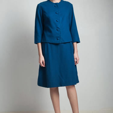 vintage 60s blue skirt suit matching set long sleeve jacket knee length a-line MEDIUM M 