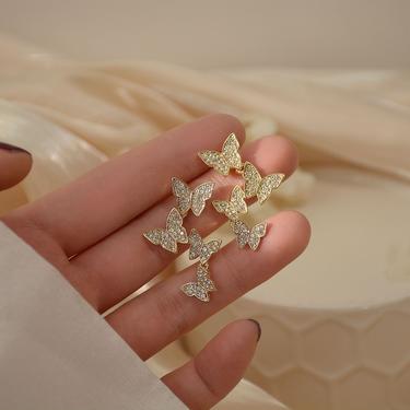 E059 Butterfly dangle Earrings, gold Butterfly stud Earrings, butterfly Earring, Korean Earrings, gold cz butterfly drop earring, gift 